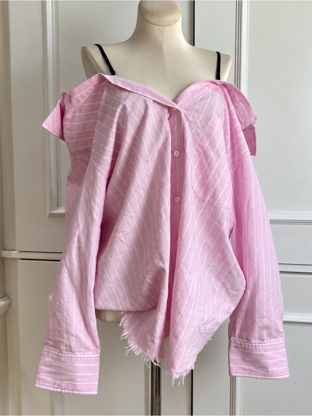 Alexander Wang Pink Pinstripe Off Shoulder Shirt - Large
